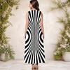 Women Plus Size Round Neck Sleeveless Black White Geometric Printed A Line Long Dress With Side Pockets