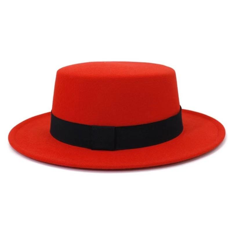 Autumn Winter Korean Version Flat-Top British Style Solid Color Top Hat Gentleman'S Jazz Hat Wide-Brimmed Flat-Brimmed Woolen Hats For Men And Women