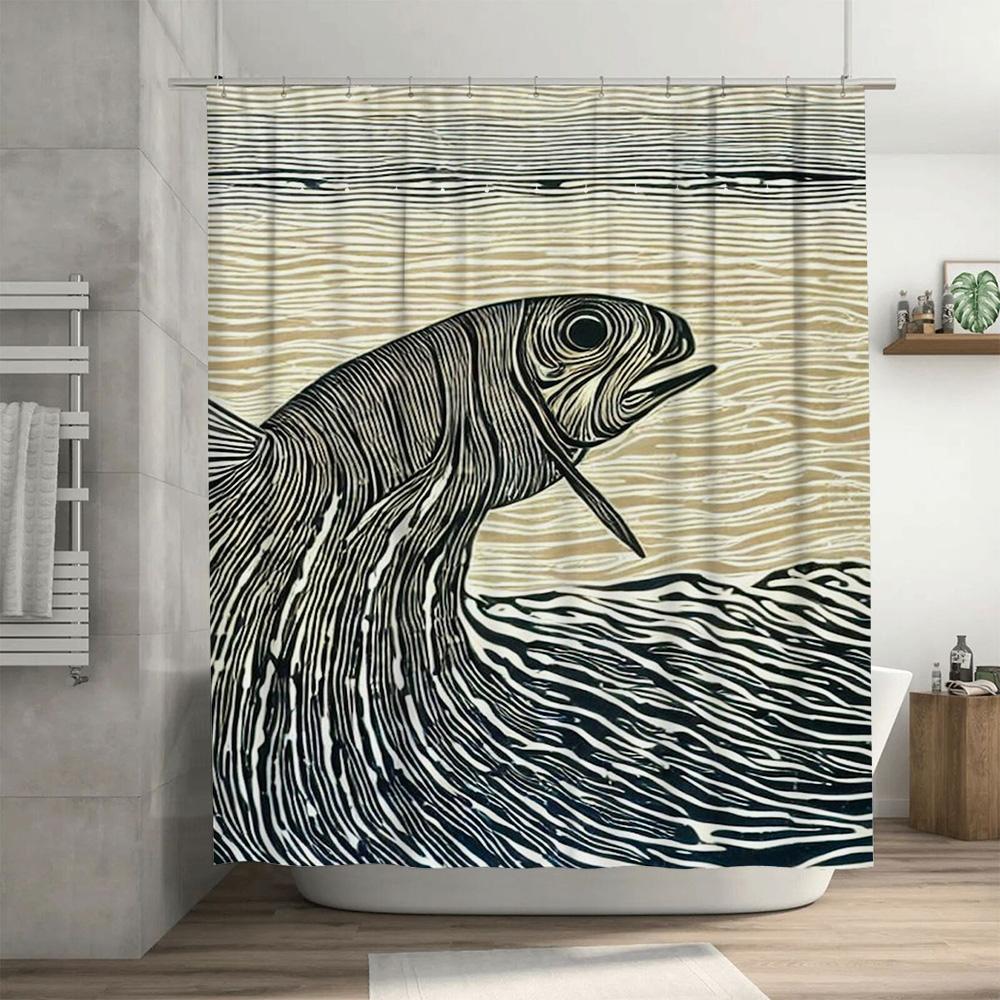 Modern Decorative Fish Bath Curtains for Home Bathroom White Black Printed Shower Curtain with Rod Pocket Hemline (180x245 cm)
