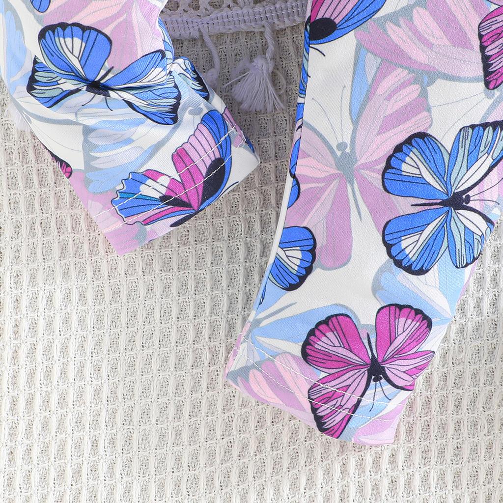 New Summer Baby Girl Flying Sleeve Solid Color Top + Butterfly Print Long Pants Two-Piece Set
