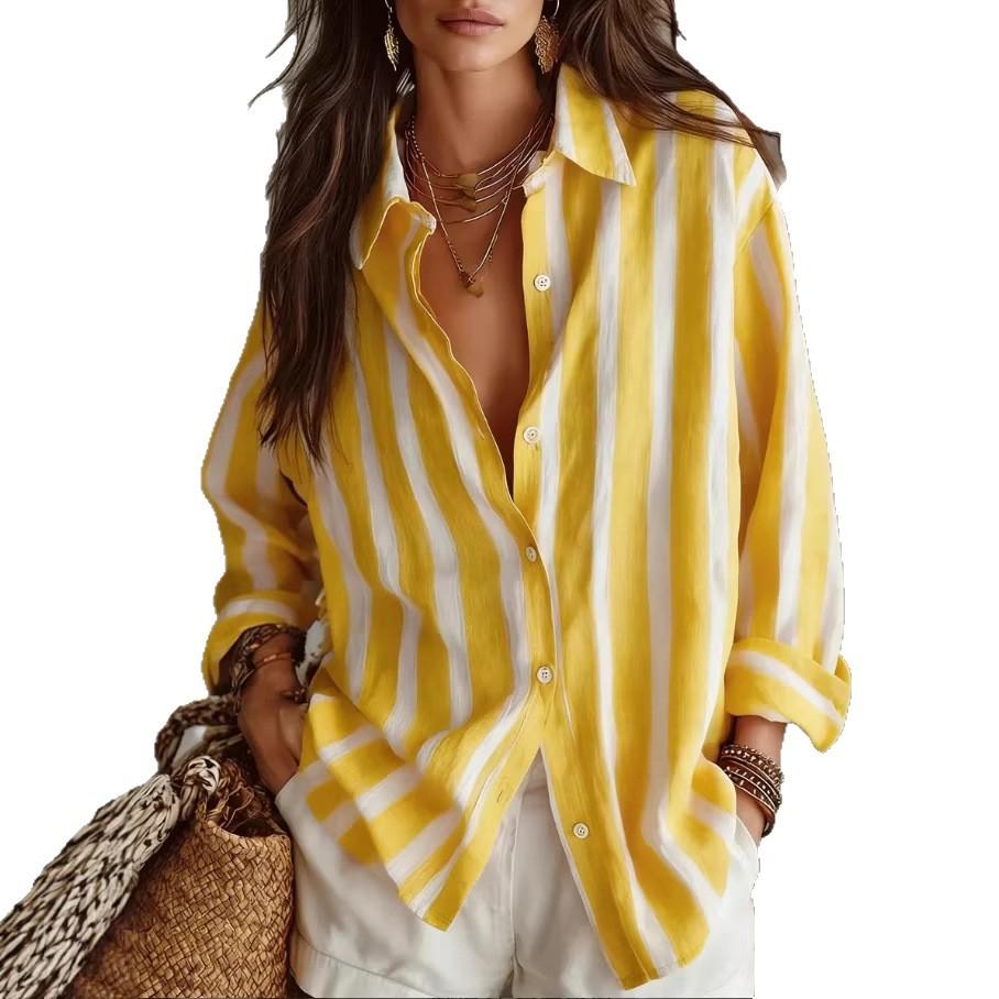 Amazon European and American cross-border women's clothing striped printing temperament commuting lazy style casual loose lapel long-sleeved shirt