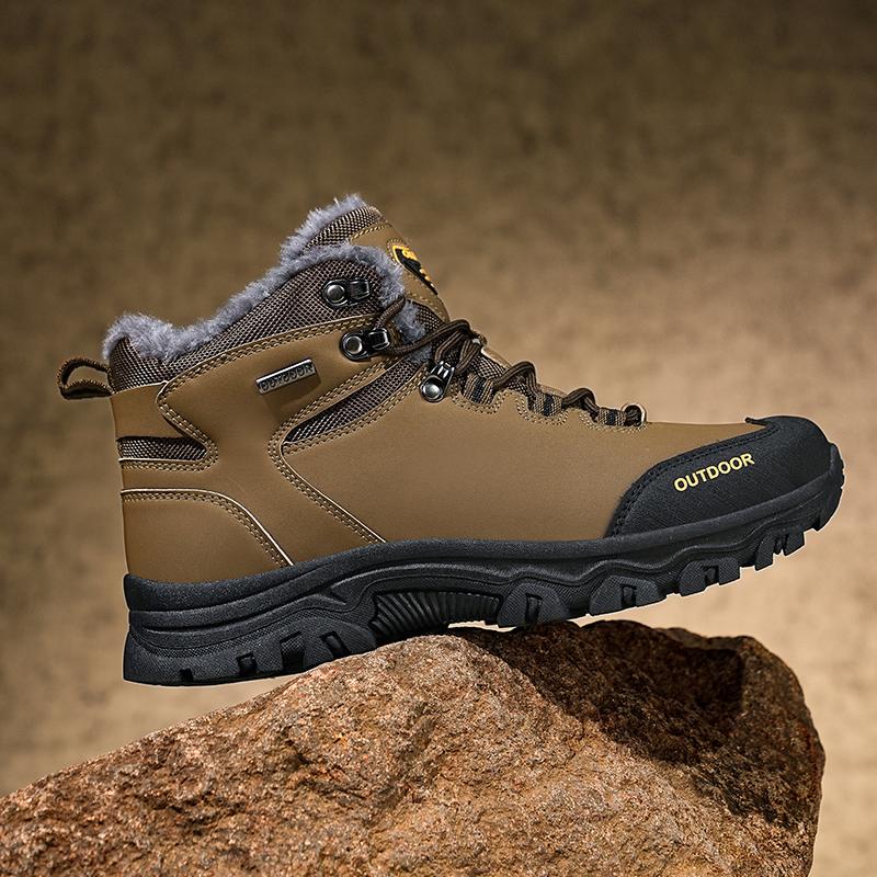 TUINANLE Fashion Winter Warm Plush Fur Snow Boots Lace Up Leather Men Boots Outdoor Cotton Shoes Walking Hiking
