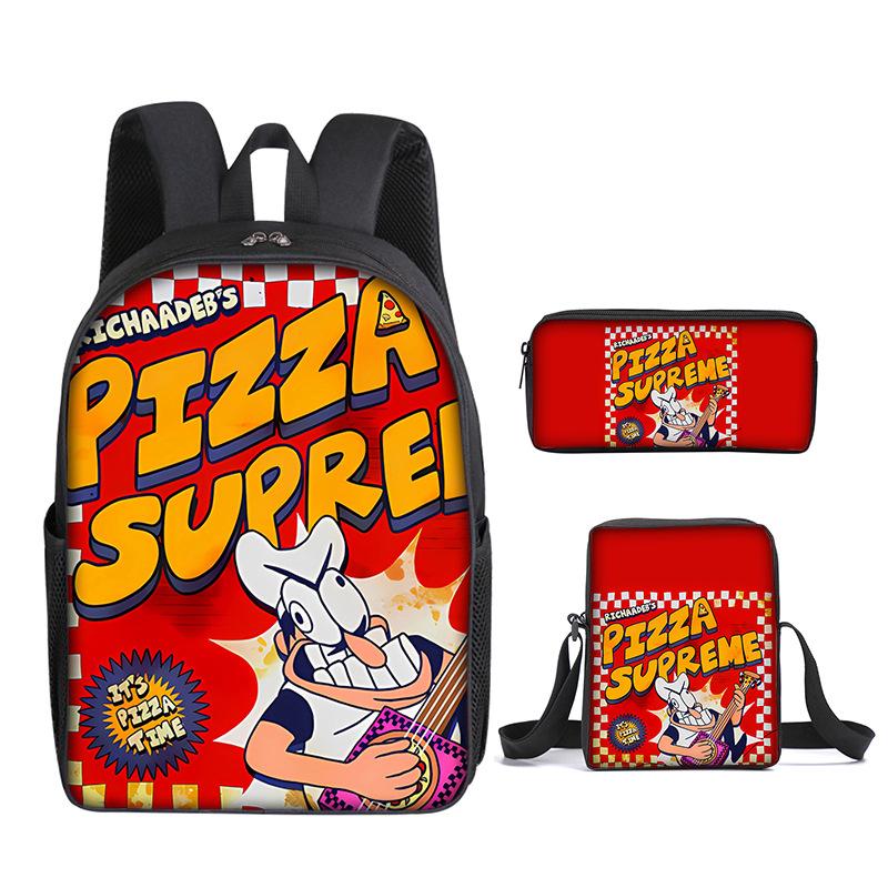 Mode Nouveauté Luxe tour à pizza Impression 3D 3 pièces/Ensemble élève Sacs d'école Sac à dos pour ordinateur portable Sac à dos Sac à bandoulière incliné Trousse à crayons