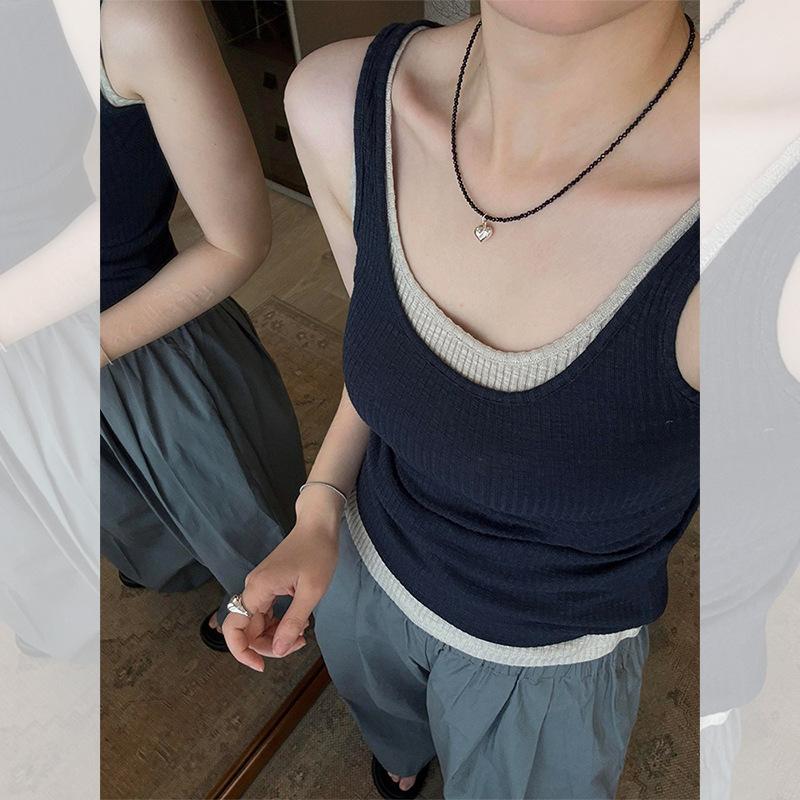 navy blue large neckline u-neck fake two-piece small suspender vest for women's summer wear knitted short sleeveless top