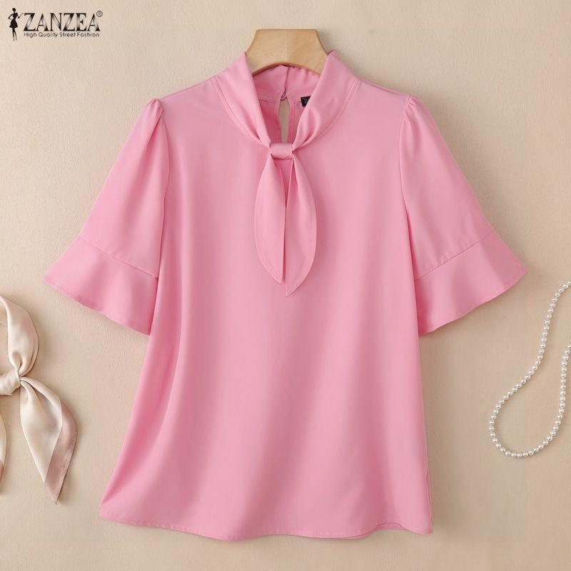 ZANZEA Women Elegant Round Neck Solid Color Loose Half Sleeve Blouse