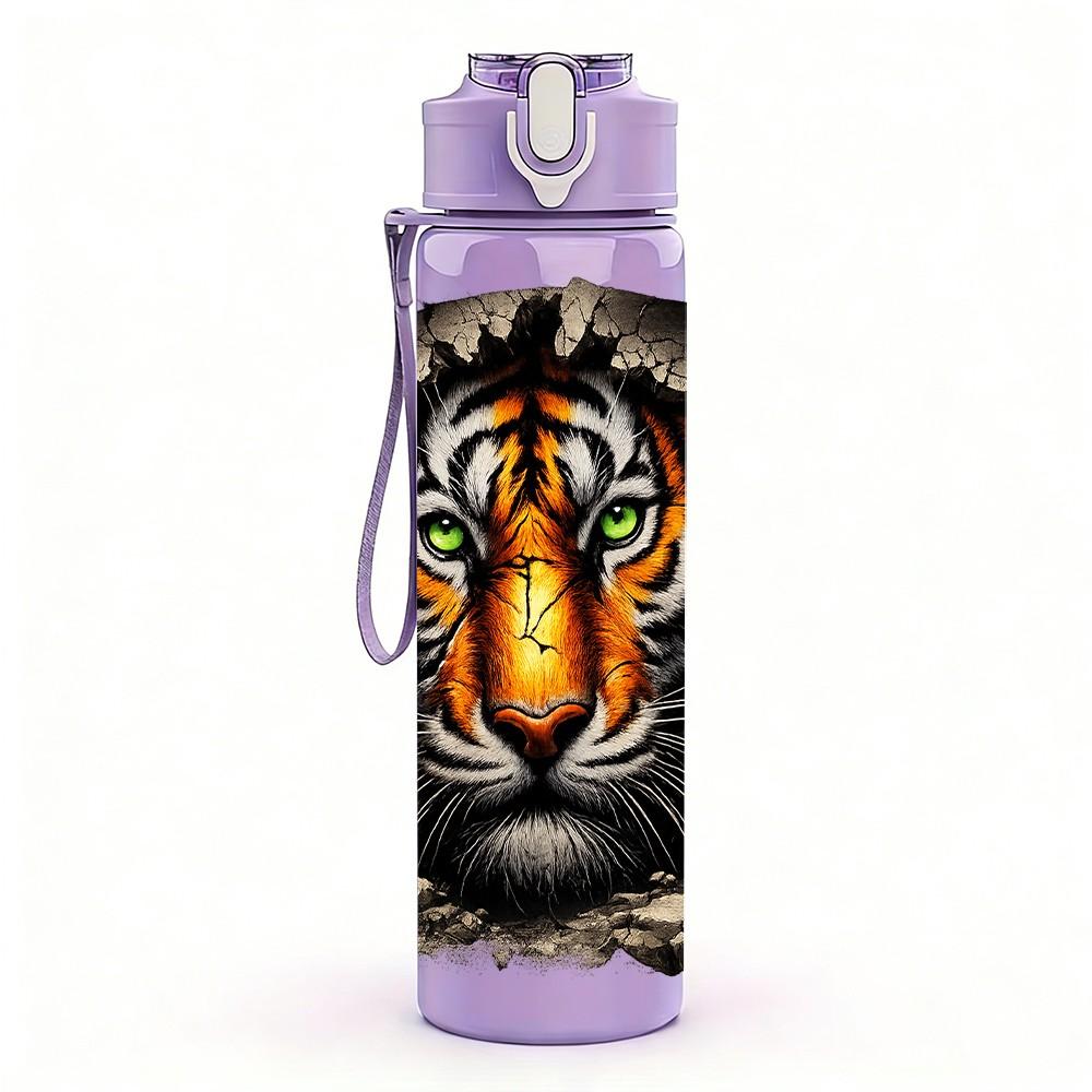 1PC Fierce Tiger Face Art 750ml Color Plastic Sports Water Bottle Leakproof Flip Straw Lid Suitable for Sports Office Home Use