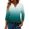 Modisches lässiges Damen-T-Shirt-Top mit Farbblock-Gradienten-Print, V-Ausschnitt, Knopfleiste und Dreiviertelärmeln