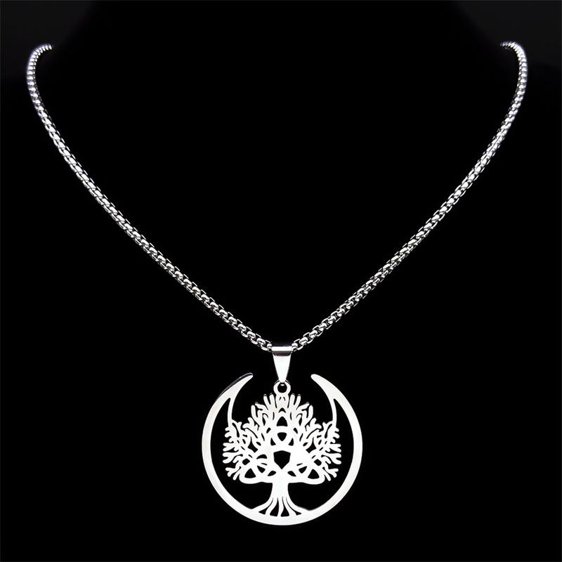Witch Moon Trinity Knot Tree of Life Necklace for Women Men Stainless Steel Silver Color Aesthetic Amulet Chain Jewelry N9745S02