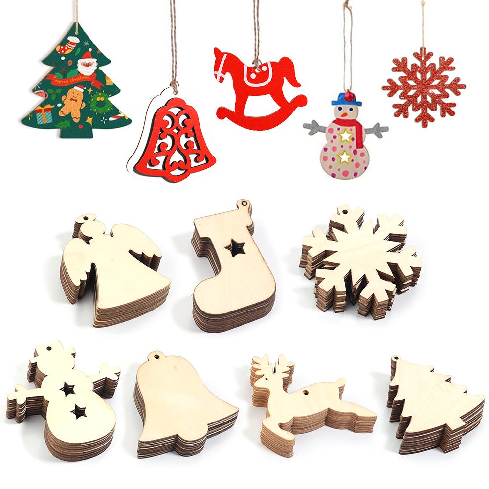 Wooden Christmas Hanging Ornaments Snowman Snowflake Bell shaped Pendant For DIY Craft Home New Year Christmas Tree Decoration