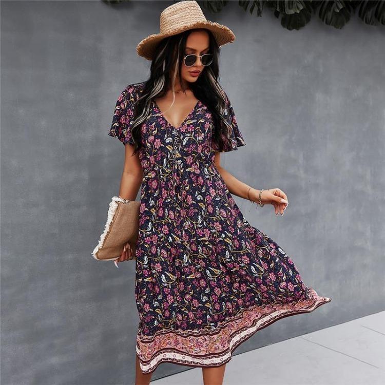 Boho Print Damenkleid V-Ausschnitt Kurzarm Hohe Taille Frühling Sommer S-XL