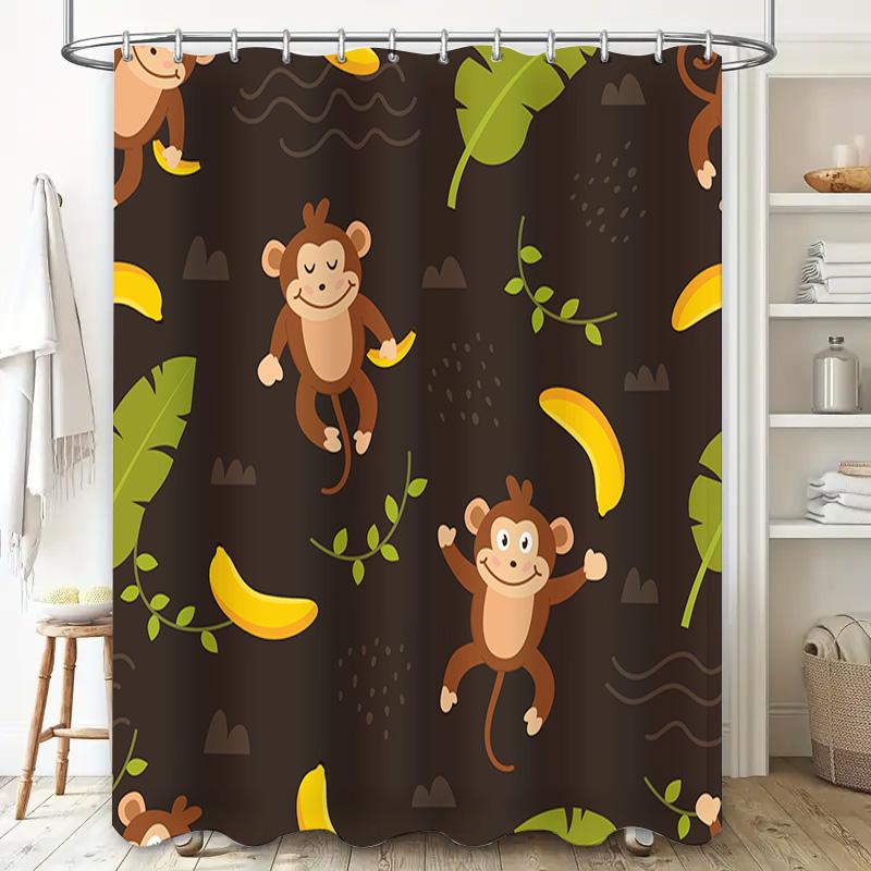 Kids Bathroom Shower Curtain with Monkeys and Bananas Brown Printed Fabric Decorative Waterproof Home Bath Liner Kids Gift 72 x