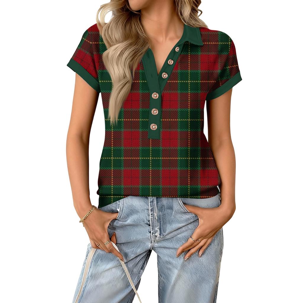 Women's fashionable and casual summer V,neck patchwork short,sleeved plaid print top