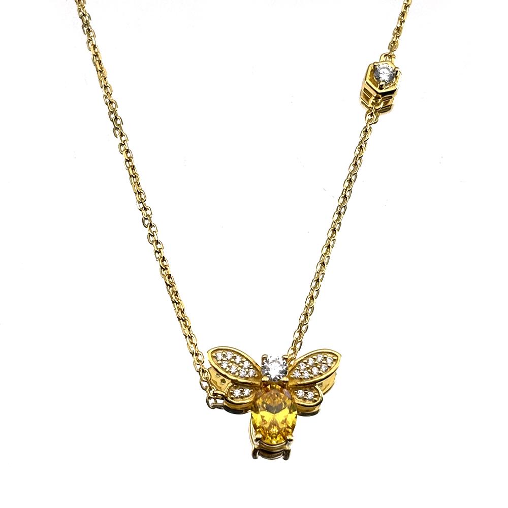 925 Sterling Silver Bee Yellow Full Zircons Pendant Necklace for Women Girl Gold Color Charms Choker Chain Statement Jewelry