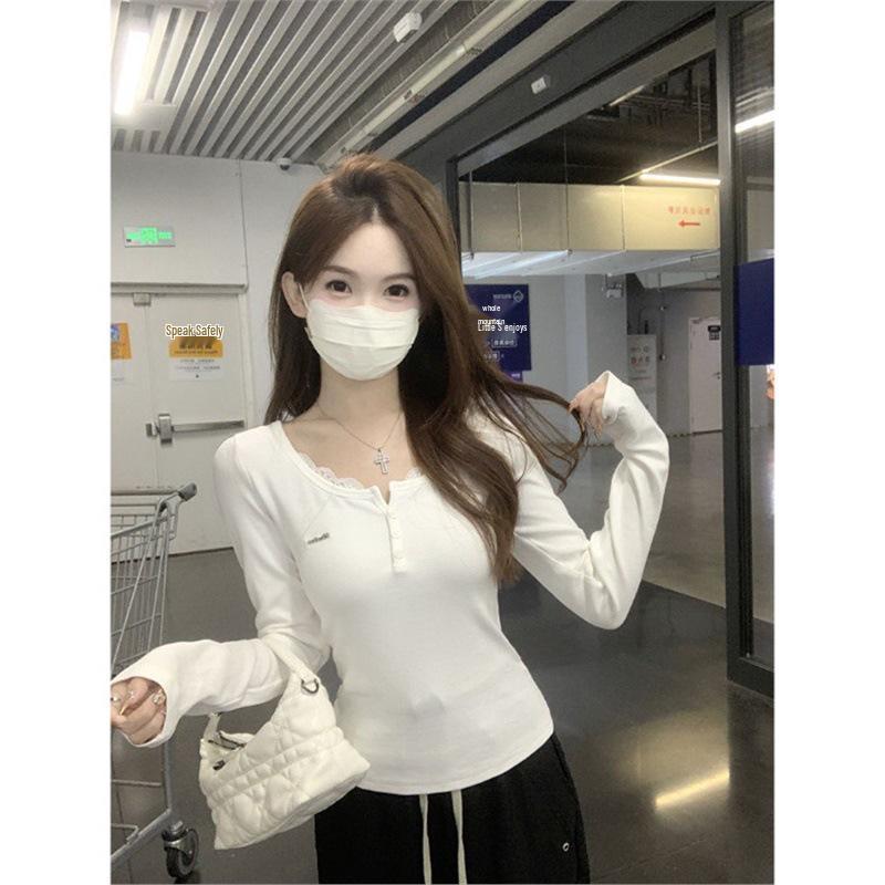 

Женская осенняя футболка с длинными рукавами, облегающего кроя, с полуворотником, отделанным кружевом L