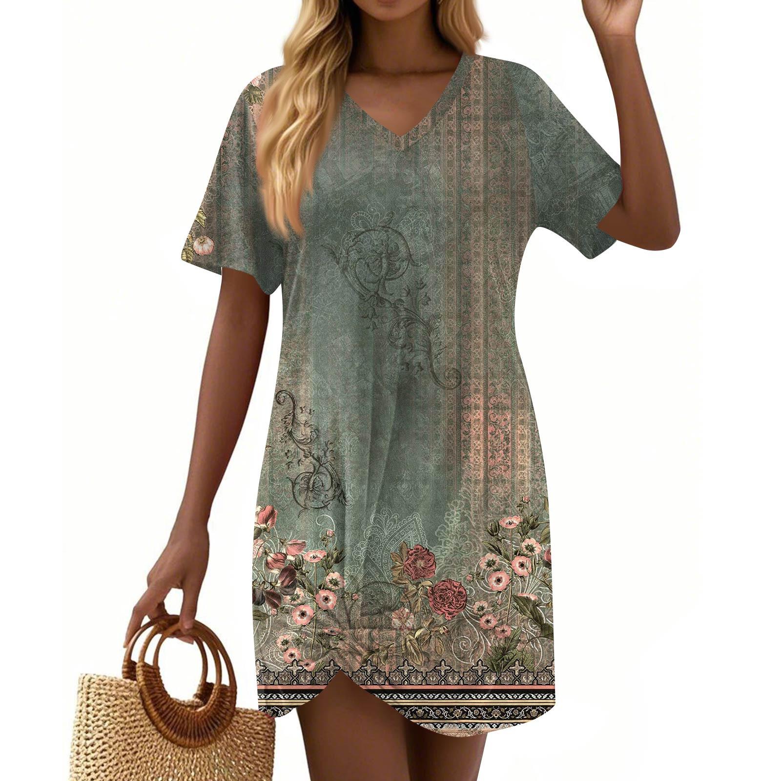 

Женские модные повседневные свободные платья с коротким рукавом и V-образным вырезом L армия зеленый