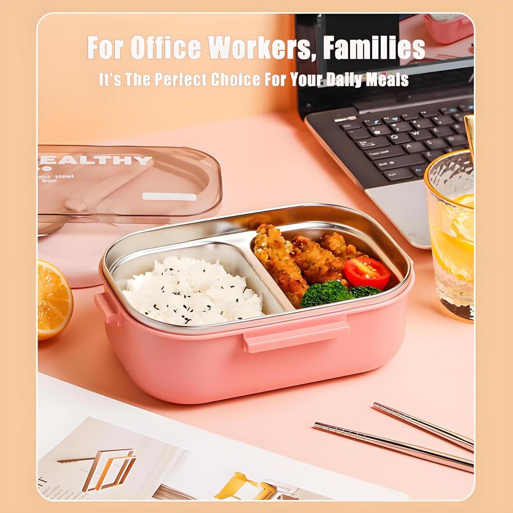 Edelstahl-Lunchbox, 2-Fächer-Bento-Box für Erwachsene, Leicht zu reinigen, Auslaufsicheres Design, Lebensmittelaufbewahrungsbehälter mit Geschirr für die Familie,