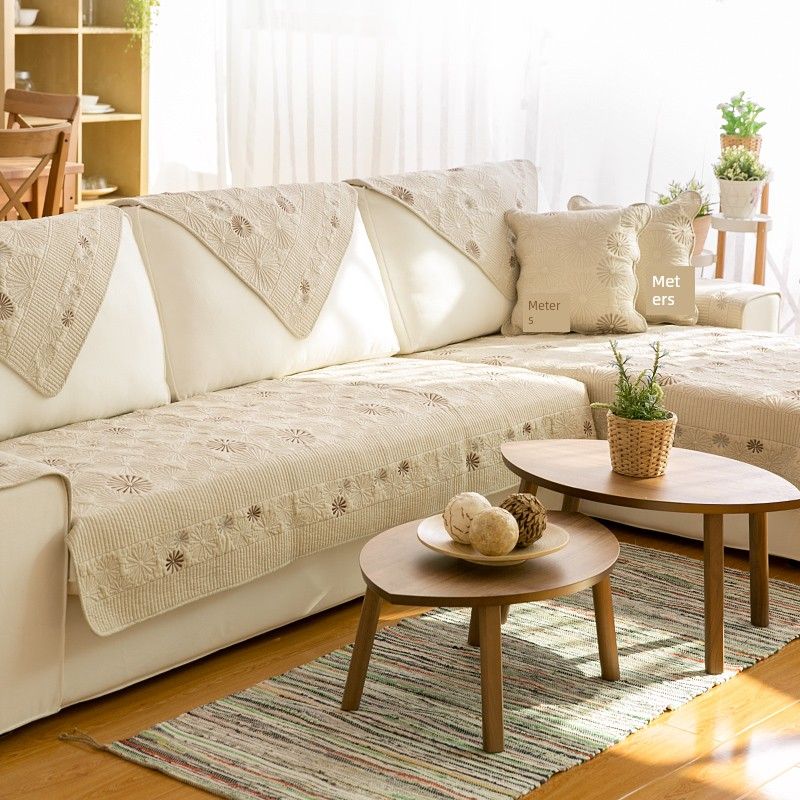 

All Cotton Embroider Sofa Cushion Simple Cloth Modern Non Slip Cover Cloth Universal All-Inclusive Towel Cover Four Seasons Universal Seat Cushions Dandelion-Shallow Coffee 45*45cm pillow case