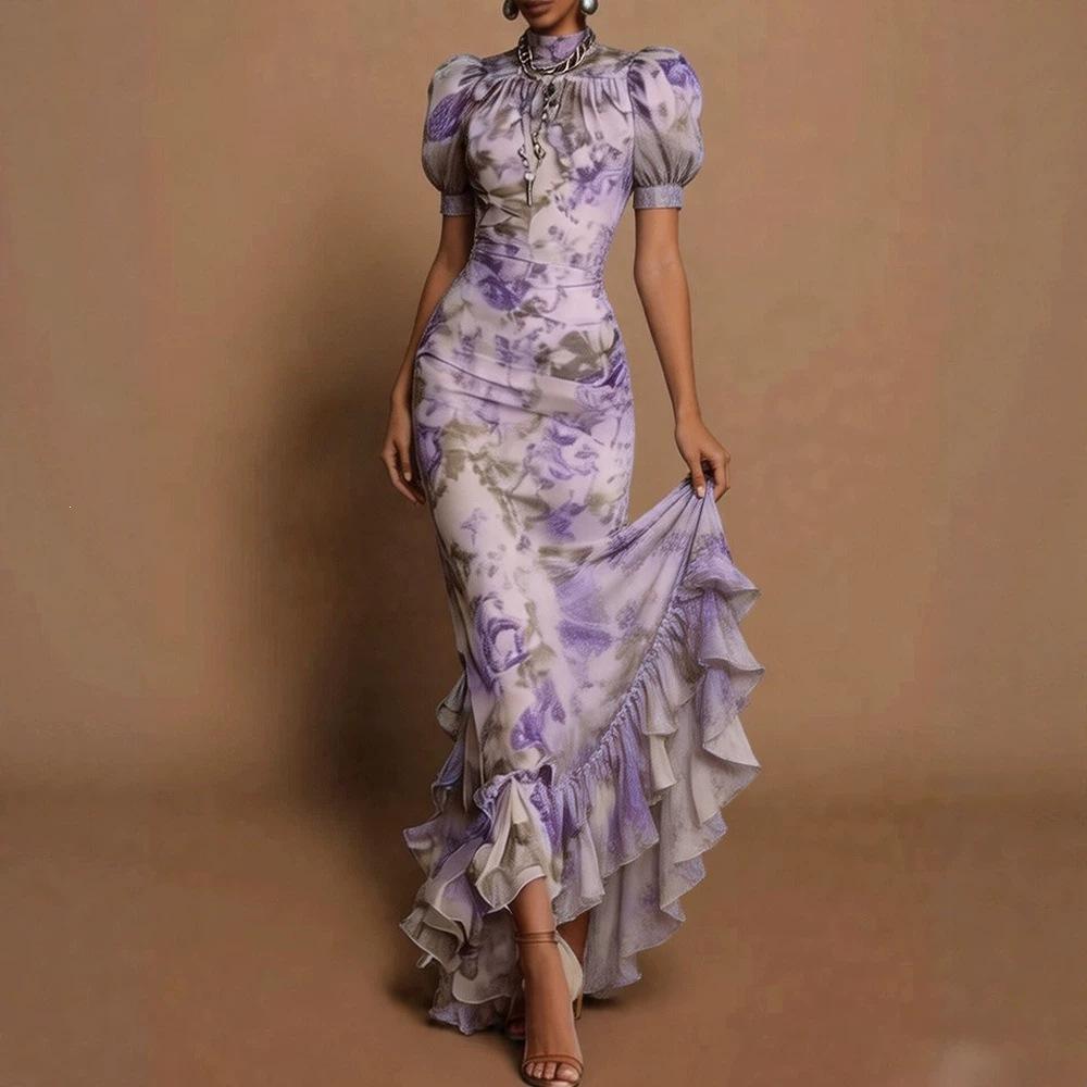 European and American summer printing temperament elegant bubble sleeve floral dress slim irregular fake dress