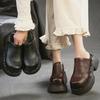 Johnature British Style Genuine Leather Round Toe Thick Heel Slippers Comfortable Thick Soled Women's Shoes