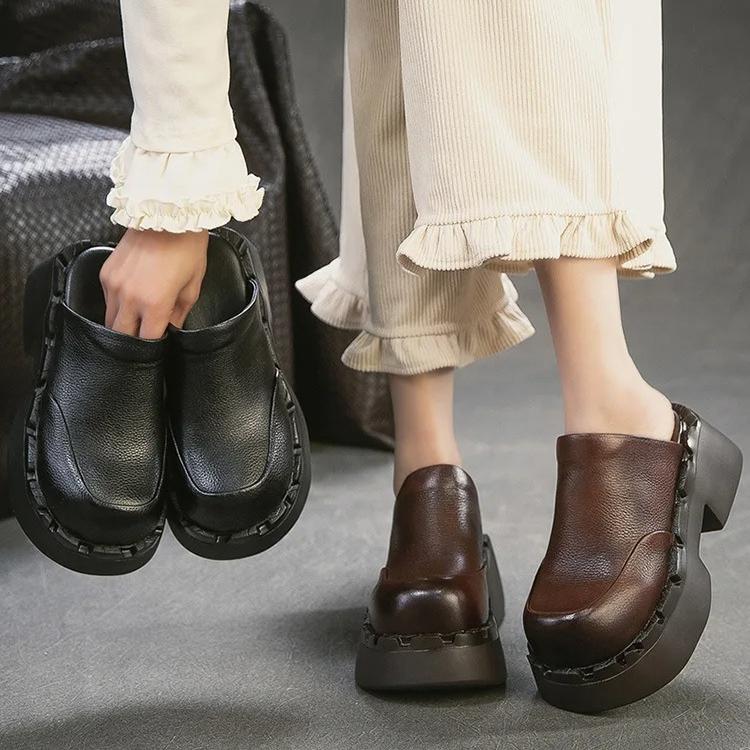 Johnature British Style Genuine Leather Round Toe Thick Heel Slippers Comfortable Thick Soled Women's Shoes