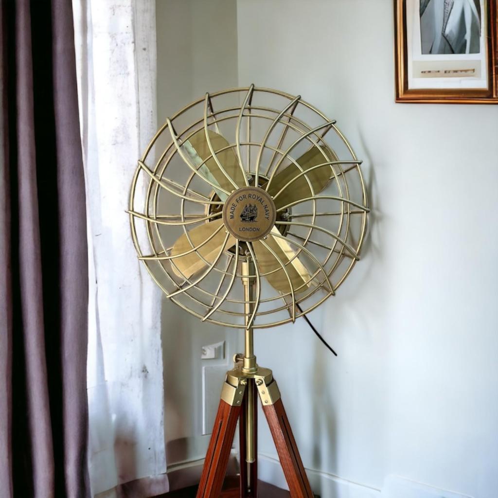 Nautical Brass Antique Finish Floor Fan with Black Tripod - Adjustable Electric Pedestal Fan - Retro Industrial Modern Twist Home Accent