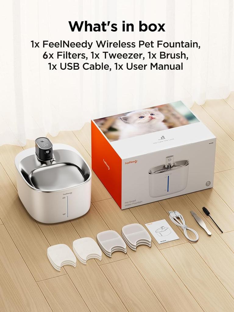 FEELNEEDY Rechargeable Cat Water 4L with 6 Activated Carbon Smart Pet Automatic Water Dispenser with Motion 3 Water Dispensing Wireless Stainless