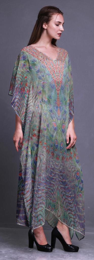 Phagun Peacock Feather Ladies Plus Size Kaftan Summer Wear Beach Coverup Kimono