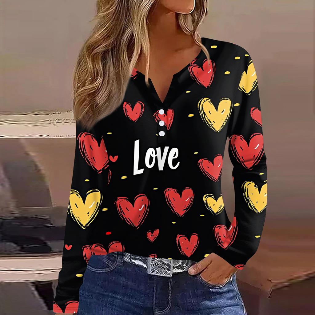 Women's T Shirt Tee Valentine's Day Printed Button Long Sleeve Tunic Daily Weekend Fashion Basic V- Neck Regular Top