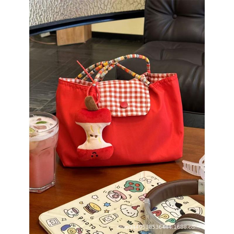 New Korean Large-capacity Red Shoulder Portable Plaid Canvas Bag Versatile Student Commuter Leisure Tote Bag Women