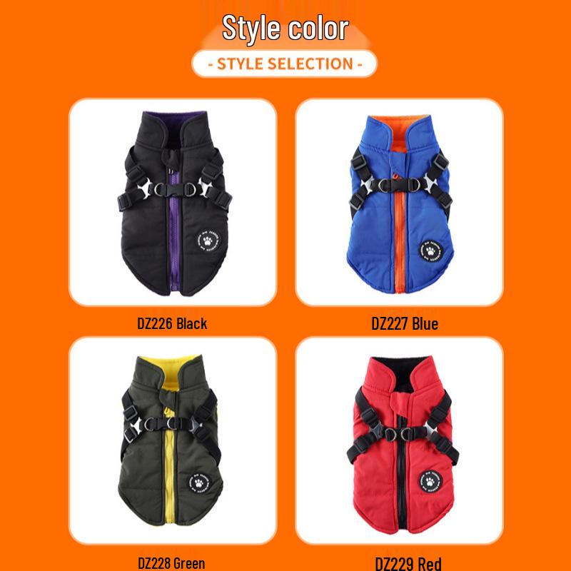 Durable Cotton Dog Jacket with Harness and Leash - Cold-Resistant Pet Outerwear 