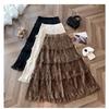 Women Elastic High Waist Tiered Lace Patch Maxi Long Skirt