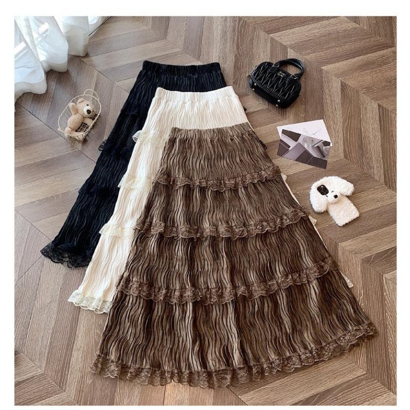 Women Elastic High Waist Tiered Lace Patch Maxi Long Skirt