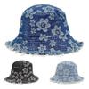 Flower Embroidered Denim Fisherman Hat Frayed Brim Sunscreen Sun Cap Cowboy Bucket Hats  Travel