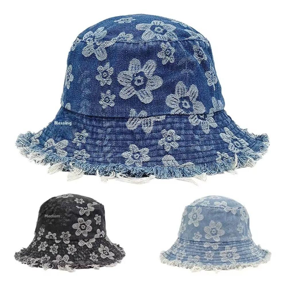 Flower Embroidered Denim Fisherman Hat Frayed Brim Sunscreen Sun Cap Cowboy Bucket Hats  Travel