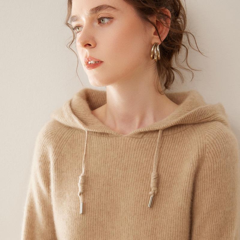 2024 Women's Autumn/Winter Cashmere Hooded Ribbed Sweater with Drawstring, 12 Gauge Knit