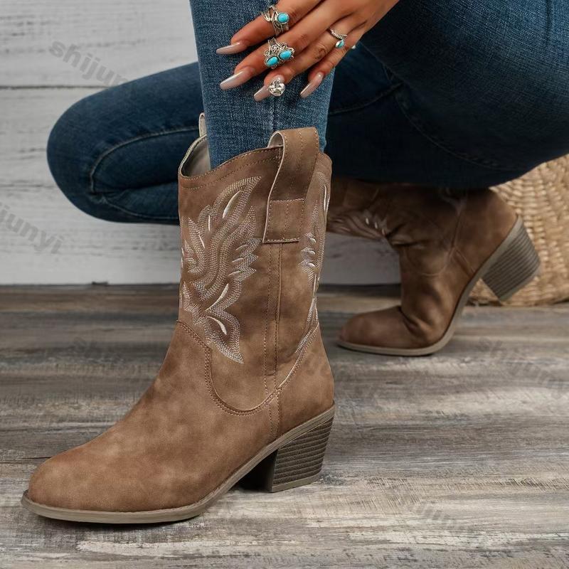 Fashion Women Embroidered Mid Calf Western Cowboy Boots Woman Autumn Winter Faux Leather Chunky Heeled Retro V-Cut Pointed Cowboy Boots