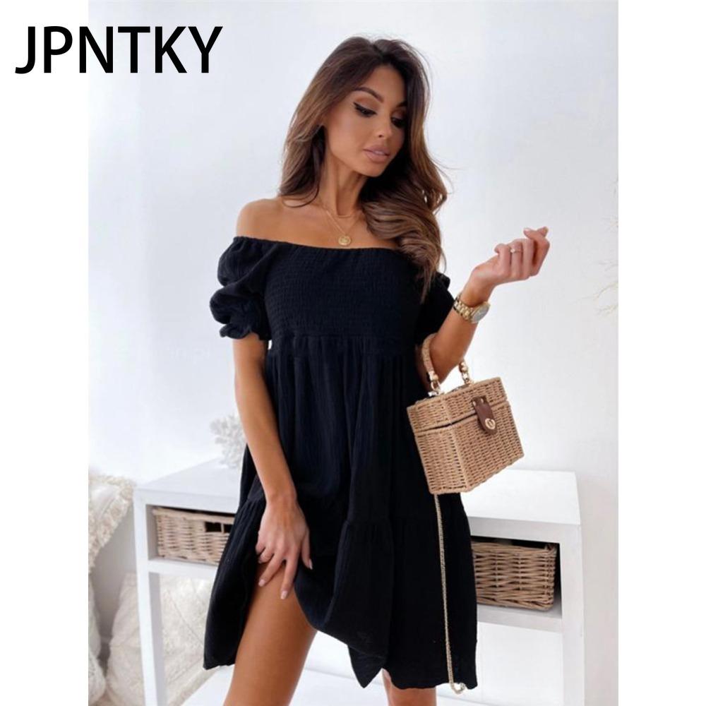 JPNTKY Sexy Slit Neck Dress Women Summer Pleated Puff Sleeve Open Back Party Beach Dresses Female Elegant Solid Knee Length Dress
