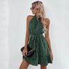 Women Autumn Winter Sleeveless Dot Print Halter Casual A-Line Mini-Length High Waist Ruffled Edges Dress