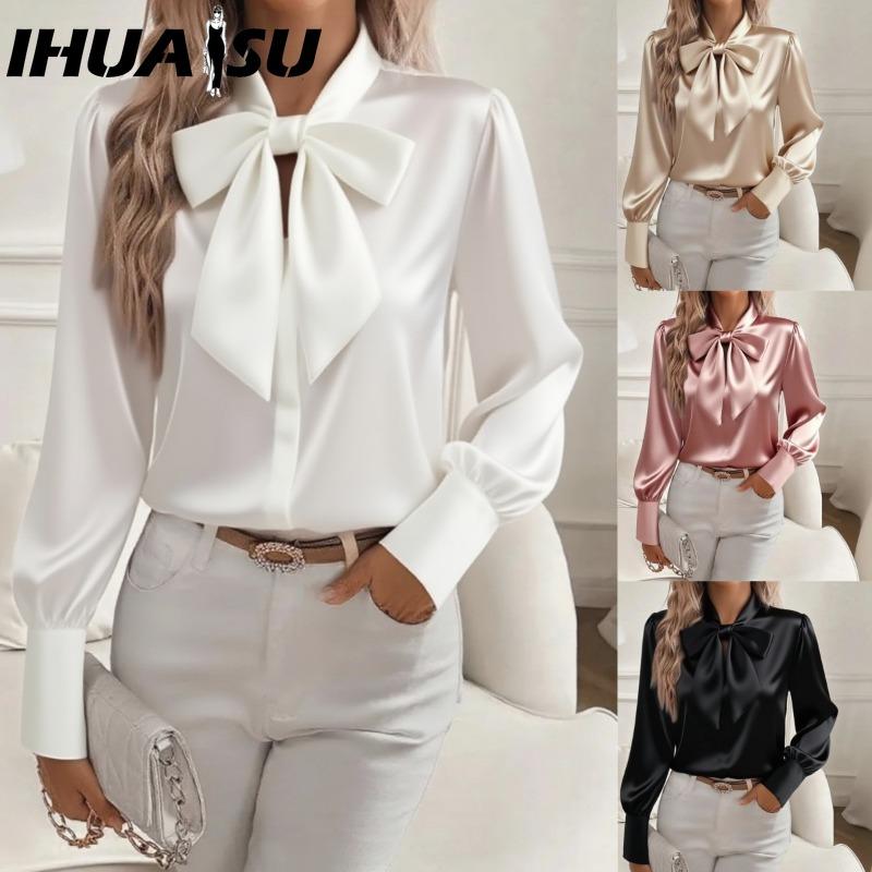 IHUASU Dámské módní ležérní jednobarevné s potiskem dlouhý rukáv POLO límec Blůzy & Košile