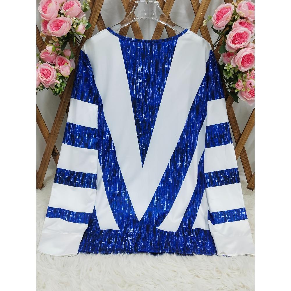 Autumn and winter extension color matching striped printing zipper T-shirt casual long-sleeved top large size women's clothing