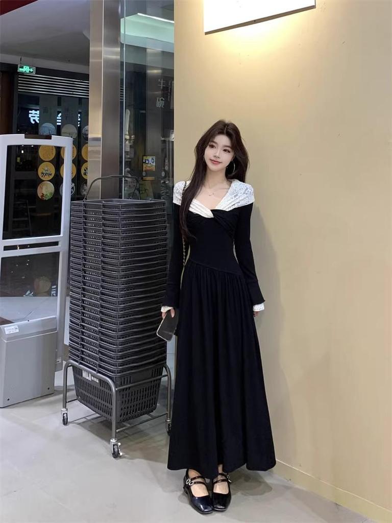 French Style Lace V-Neck Knot Dress: Contrasting Colors, Two-Wear A-Line Skirt for a Chic Autumn/Winter Look