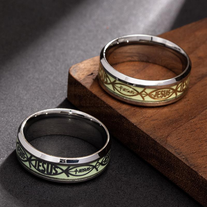 Golden Jesus Inlay Ring Luminous Glowing In the Dark with Green Background Fashion Accessory for Men And Women