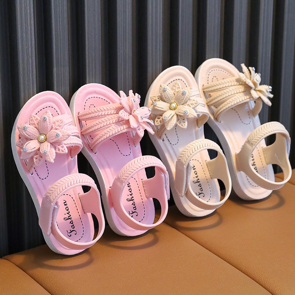 Sandali con fiori per bambini Sandali da ragazza in pizzo con perle per bambini a punta aperta antiscivolo scarpe piatte larghe estive suola morbida Sandali con fiori per bambini Sandali da ragazza in pizzo con perle per bambini a punta aperta antiscivolo scarpe piatte larghe estive suola morbida