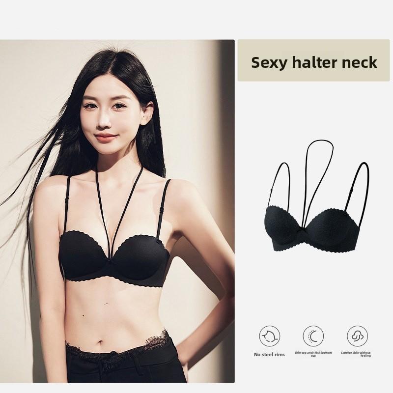 Female Spring and Summer Sexy Thin Shoulder Belt Hang Neck Gather To Prevent Drooping To Receive Pair of Milk Underwear