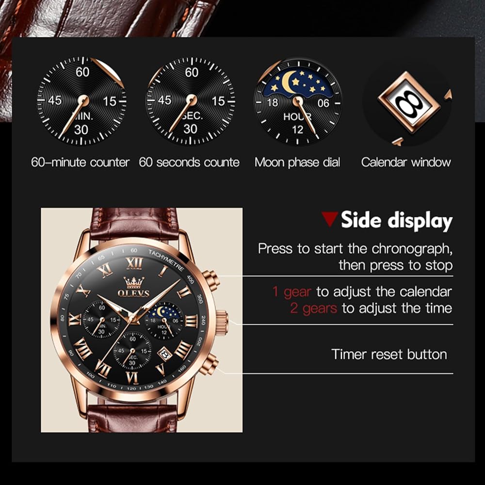 OLEVS Men's Stylish Waterproof Watch with Brown Leather Strap, Date Display, Analog Quartz, Black Dial
