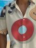 Men's Vintage Music Shirt with Guitar & Vinyl Record Print - Retro Lapel Collar Button-Up Short Sleeve Shirt, Breathable Polyester Half-Button Top