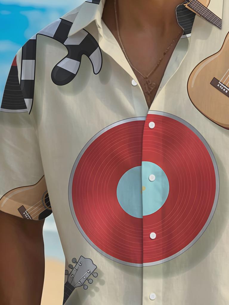 Men's Vintage Music Shirt with Guitar & Vinyl Record Print - Retro Lapel Collar Button-Up Short Sleeve Shirt, Breathable Polyester Half-Button Top