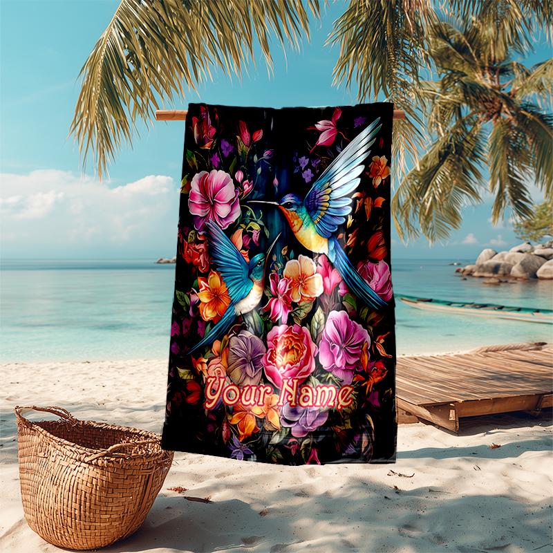 1PC Custom Name Hummingbird Garden Fantasy Beach Towel Highly Absorbent And Sand-Resistant Towel for Swimming, Pool, Yoga, And Travel Lightweight