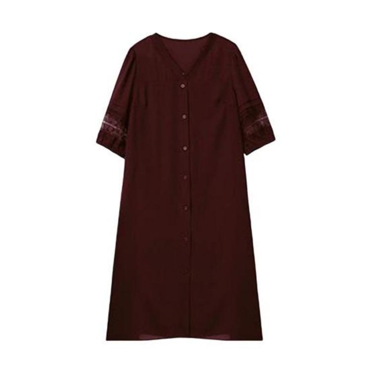 

Plus Size Summer Women Dress V Neck Loose A Line Midi Knee Length Hollow Out Lace Single Breasted Half Sleeves Solid Color Dress 4XL вино красного
