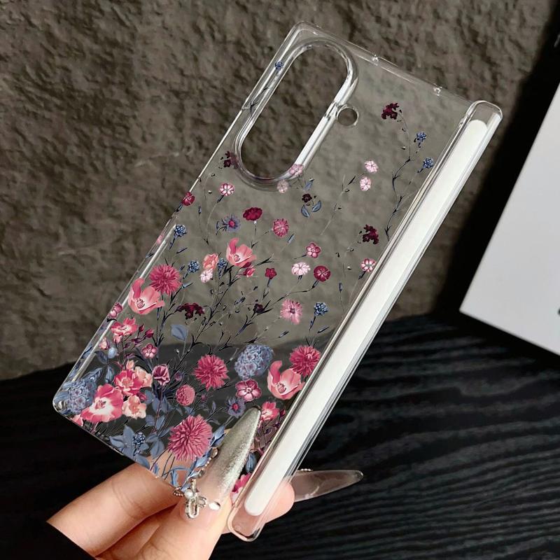 Magnetic Adsorption Phone Case For Samsung Galaxy Z Fold 7 6 5 Fold7 Fold6 Fold5 5G Retro Flowers Pattern Clear Shockproof Cover
